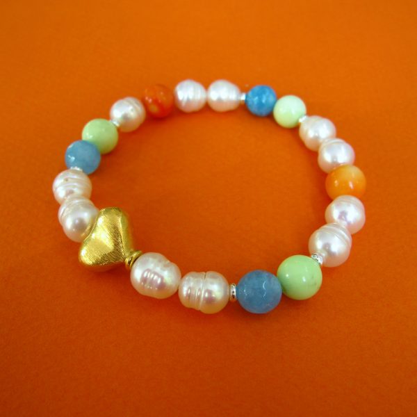 Buntes Sommer Armband mit weißen Perlen, Aquamarin und Zitronen-Chysopras